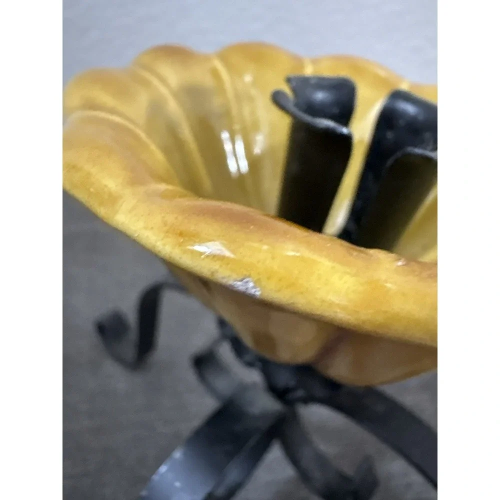 VTG Treasure Craft 2 Candle Holder Black Metal Scroll Yellow Ceramic Floral READ
